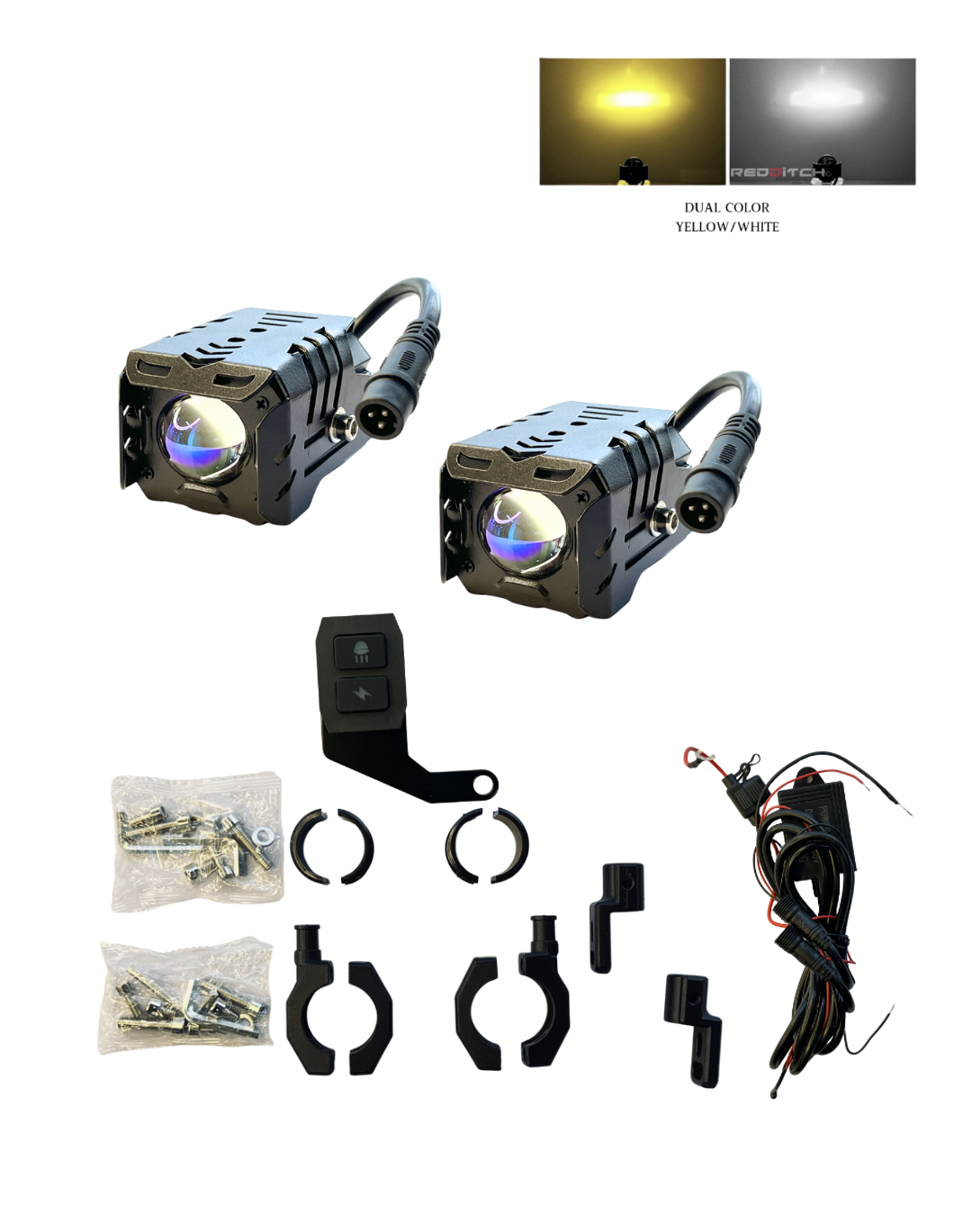 Motorcycle lights with mounting hardware and wiring on a white background