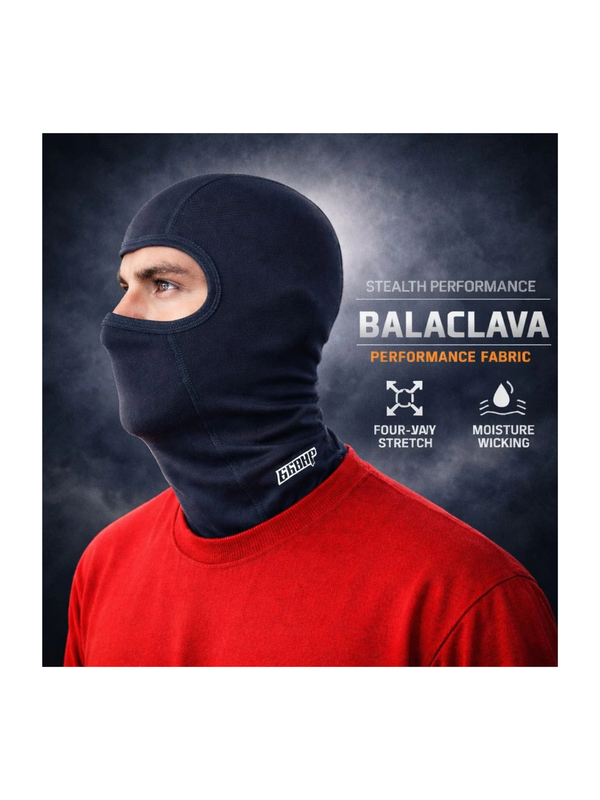 Person wearing a black balaclava with brand logo on a dark background