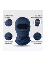 Navy balaclava with features listed on a white background