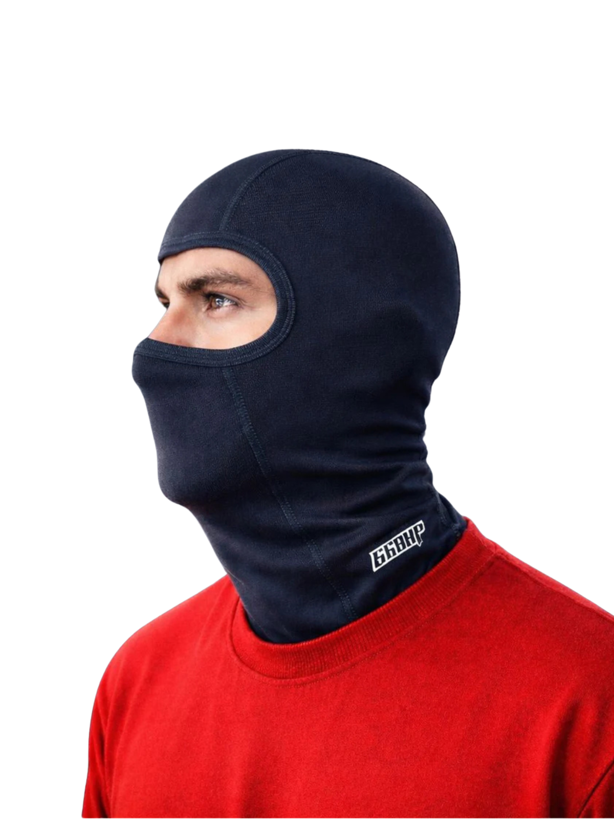 Person wearing a black balaclava with a brand logo on a white background