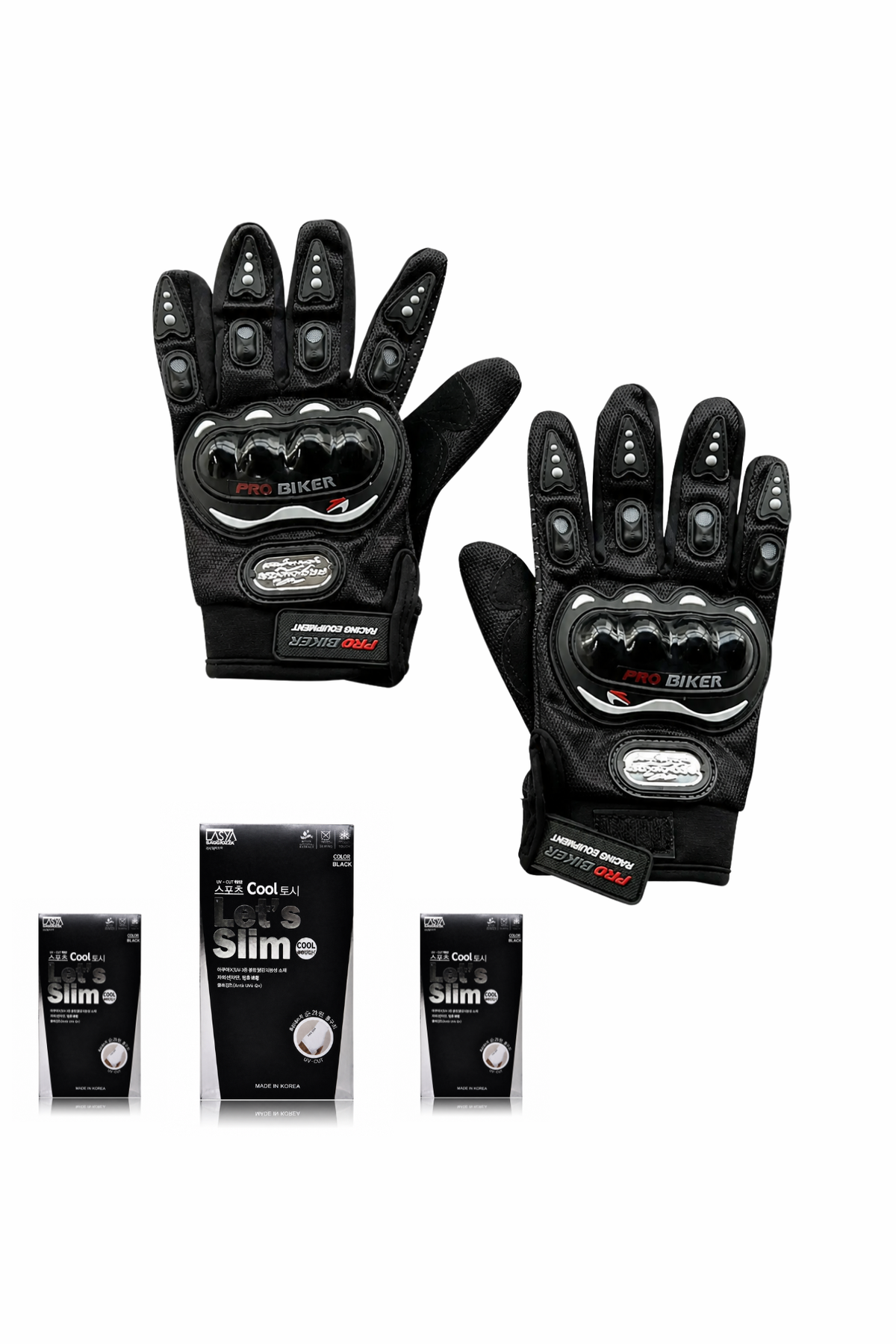 Pair of black gloves with brand logo on a white background, accompanied by three black boxes labeled 'Slim 9'.
