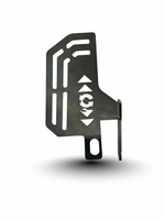 Metallic tool with geometric design on a white background