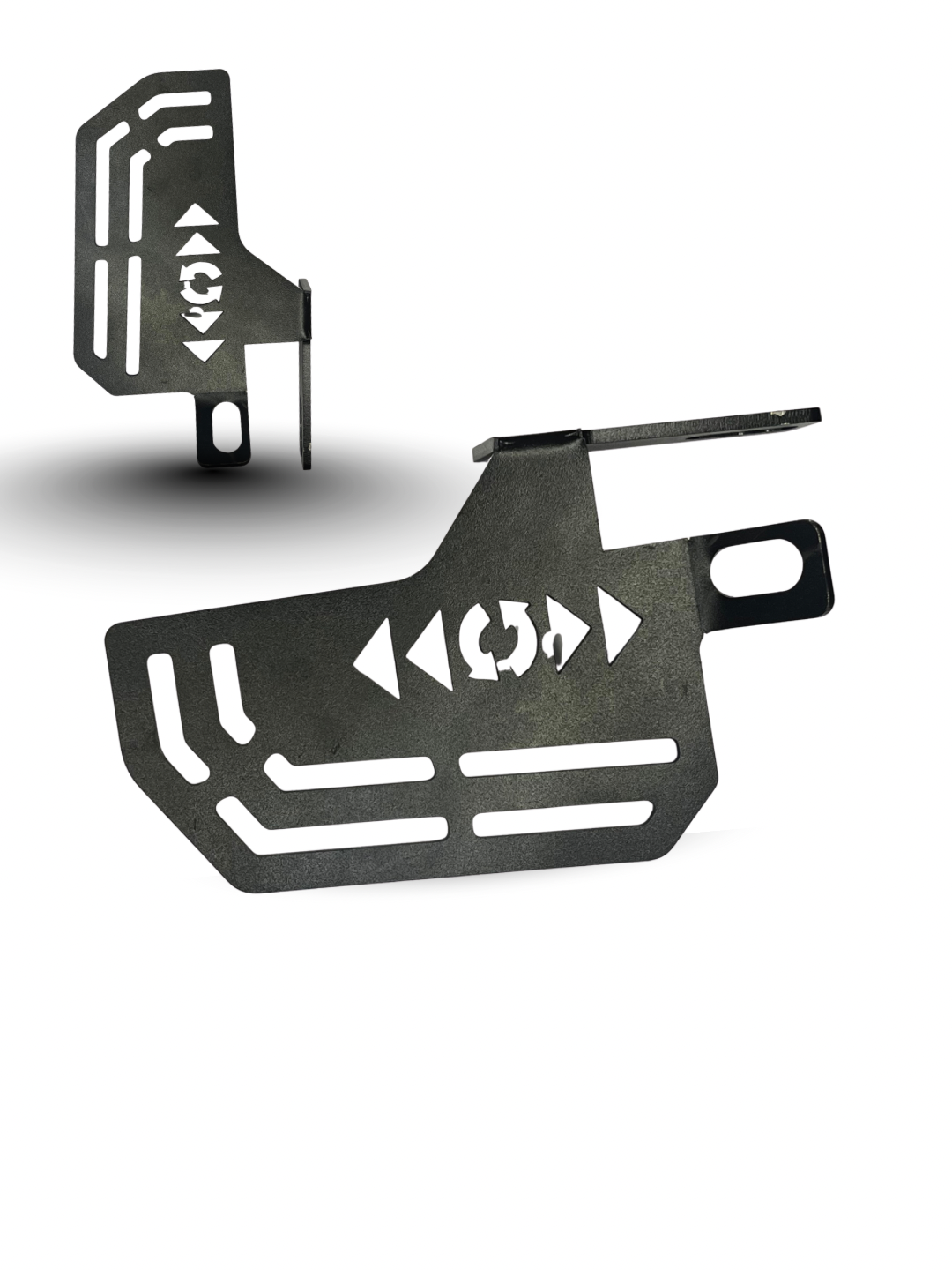 Two black metal brackets with geometric designs on a white background