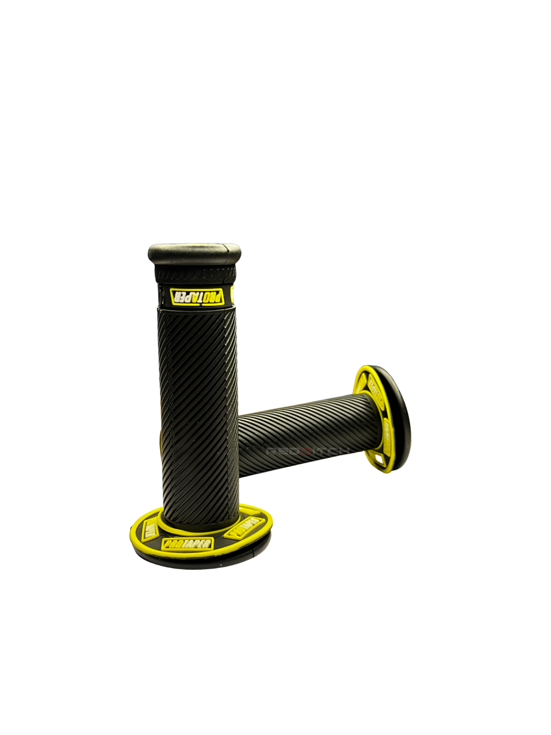 Black motorcycle grips with yellow accents on a white background