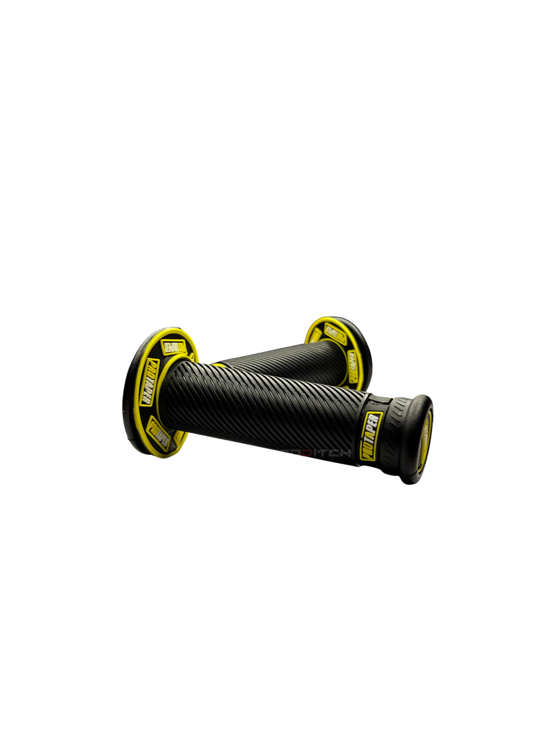 Black motorcycle grips with yellow accents on a white background