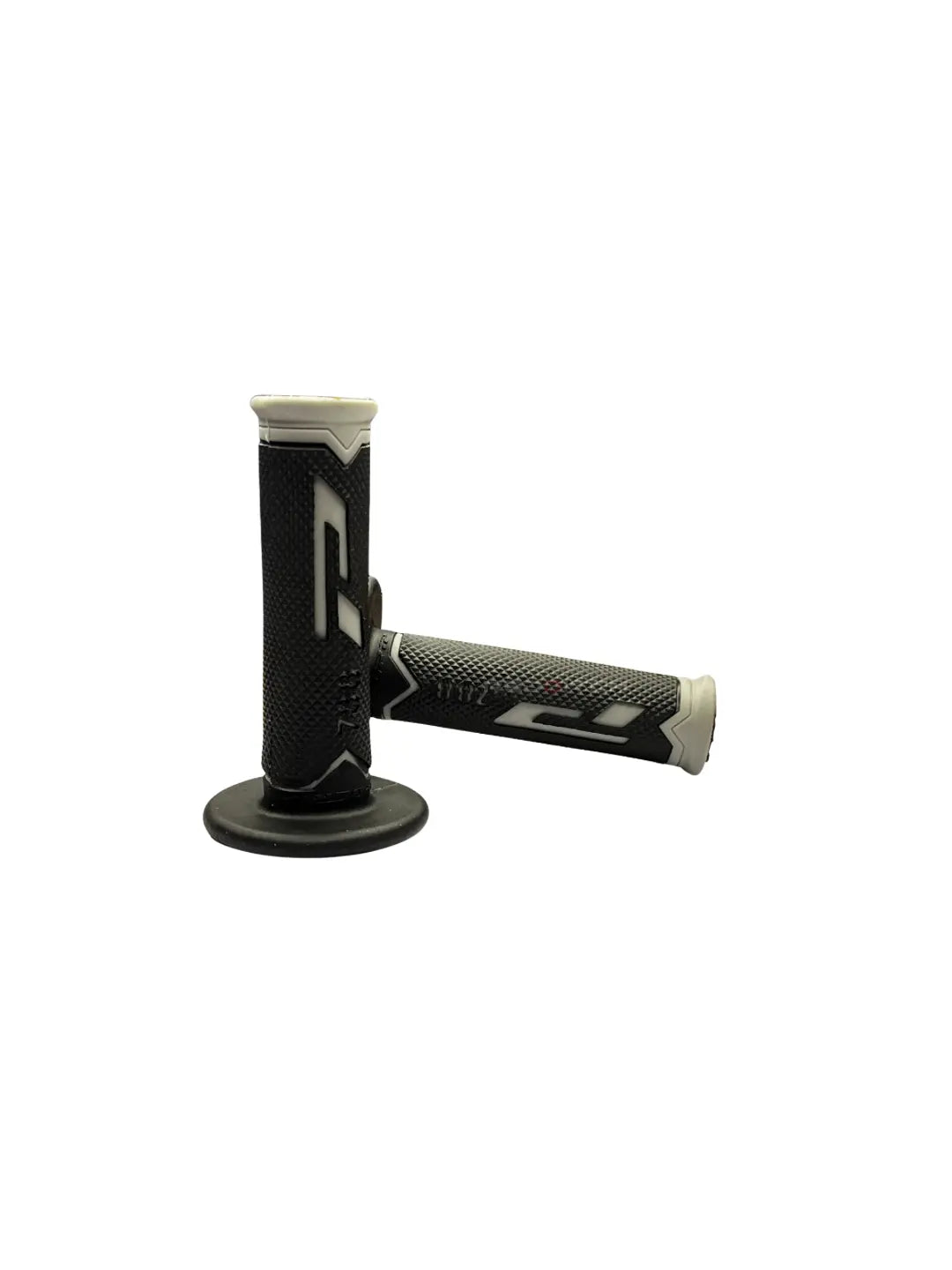 Pair of black motorcycle grips with a brand logo on a white background