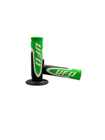 Green and black motorcycle grips with UFO branding on a white background