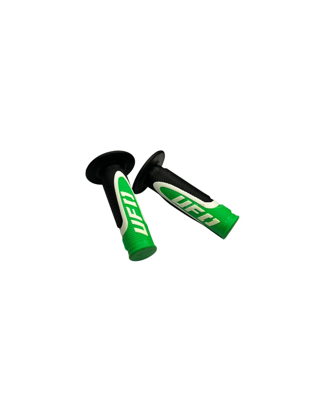 Green and black motorcycle grips with 'UFO' branding on a white background