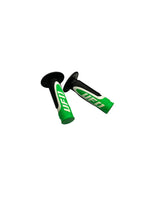 Green and black motorcycle grips with 'UFO' branding on a white background