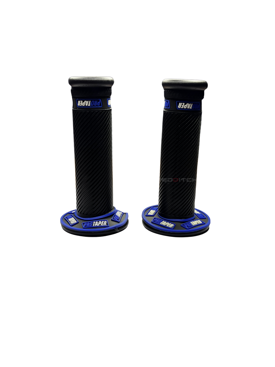 Pair of black and blue motorcycle grips on a white background