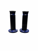 Pair of black and blue motorcycle grips on a white background