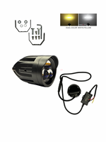 Motorcycle light assembly with wiring harness on a white background