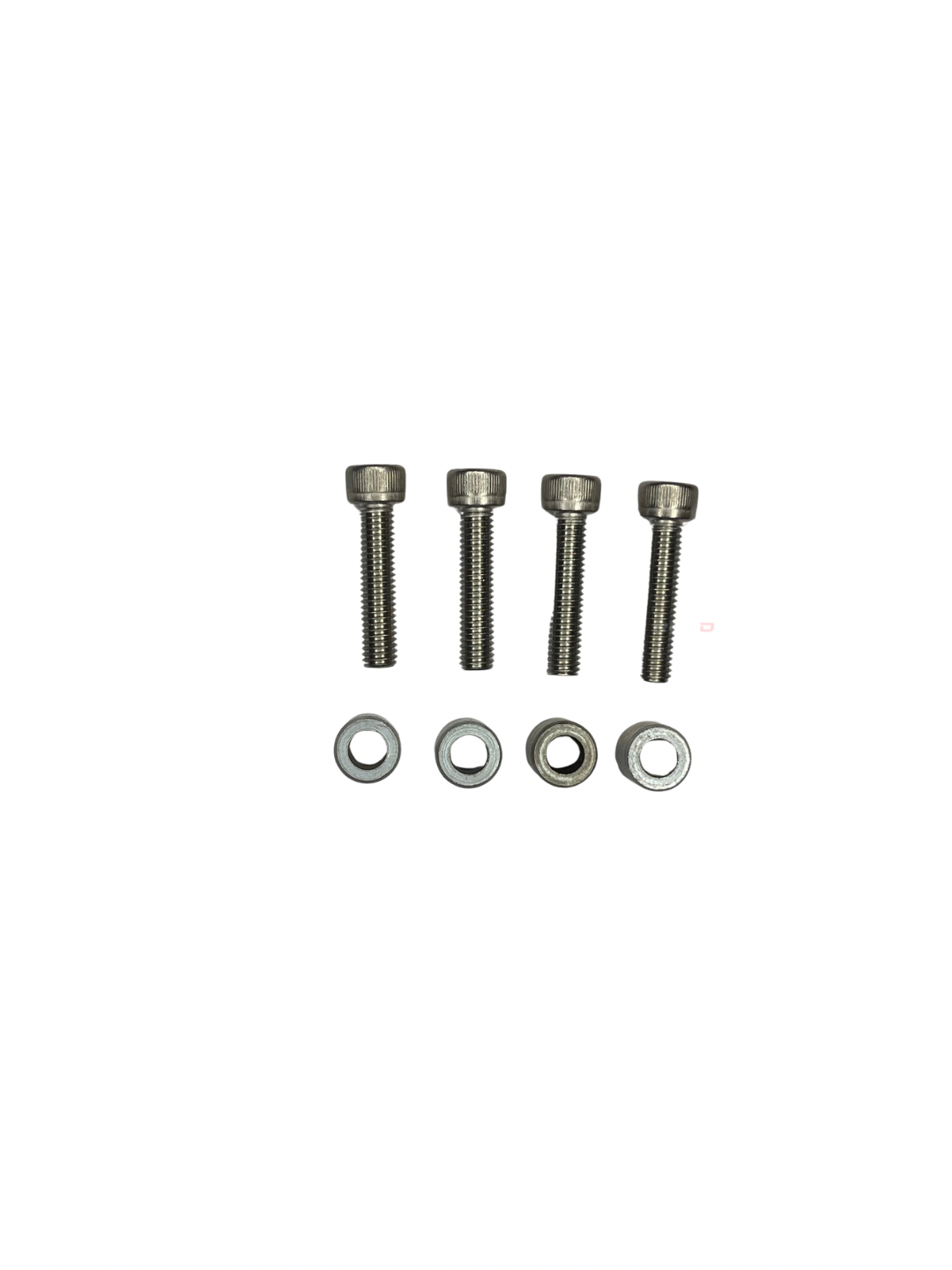 Set of metal screws and washers on a white background