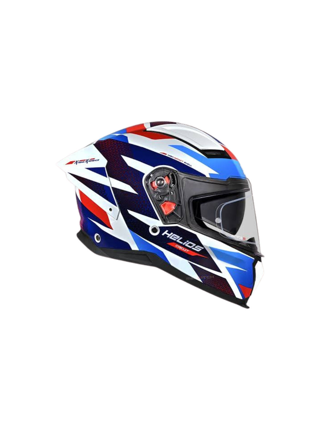Motorcycle helmet with a red, white, and blue design on a white background