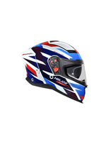 Motorcycle helmet with a red, white, and blue design on a white background