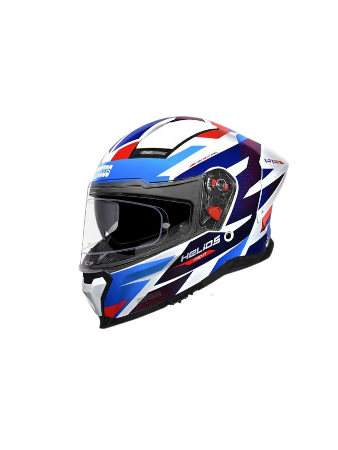 Motorcycle helmet with blue, red, and white design on a white background