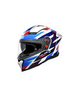 Motorcycle helmet with blue, red, and white design on a white background