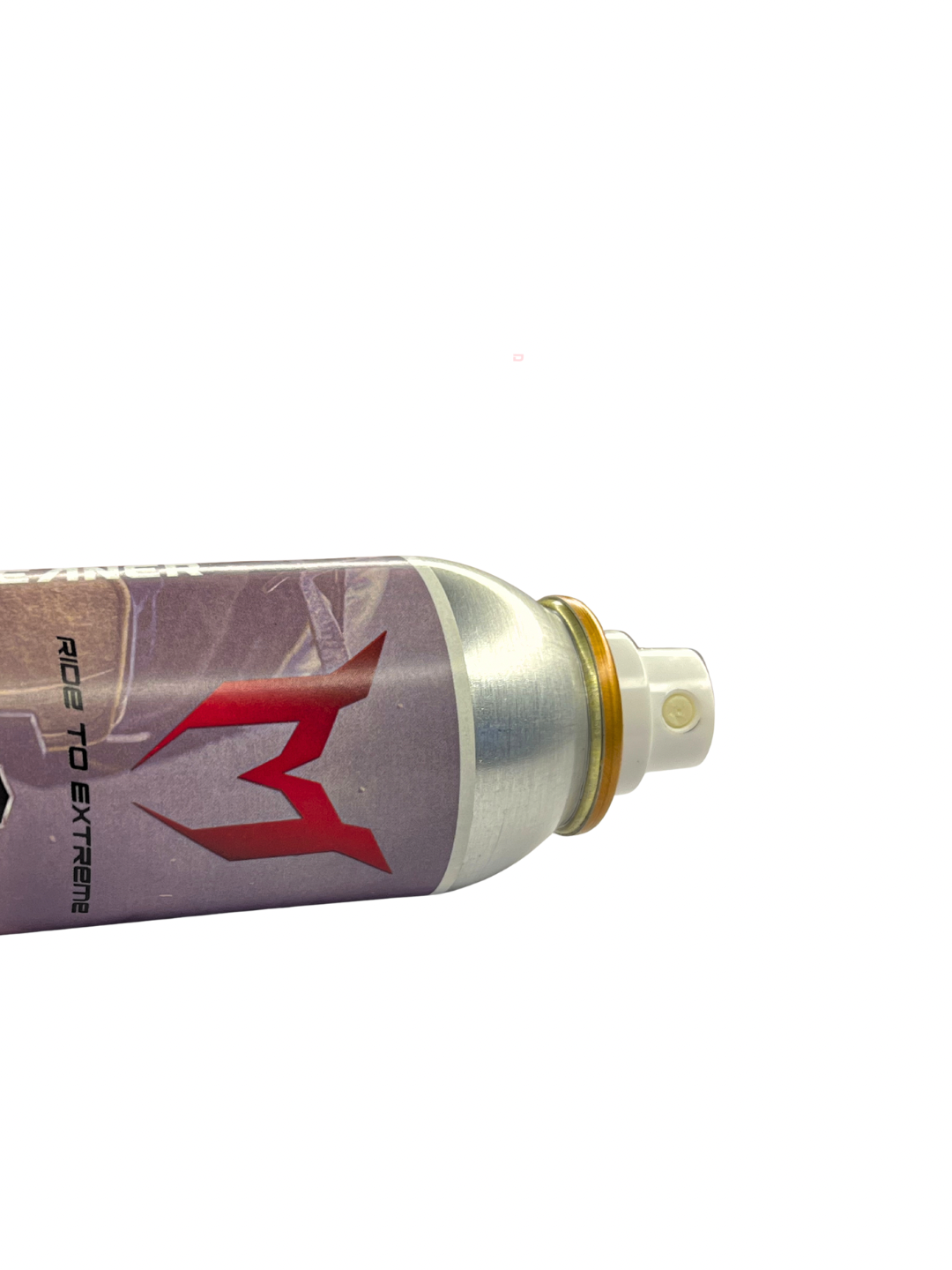 Spray can with a red logo on a white background