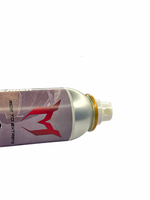 Spray can with a red logo on a white background