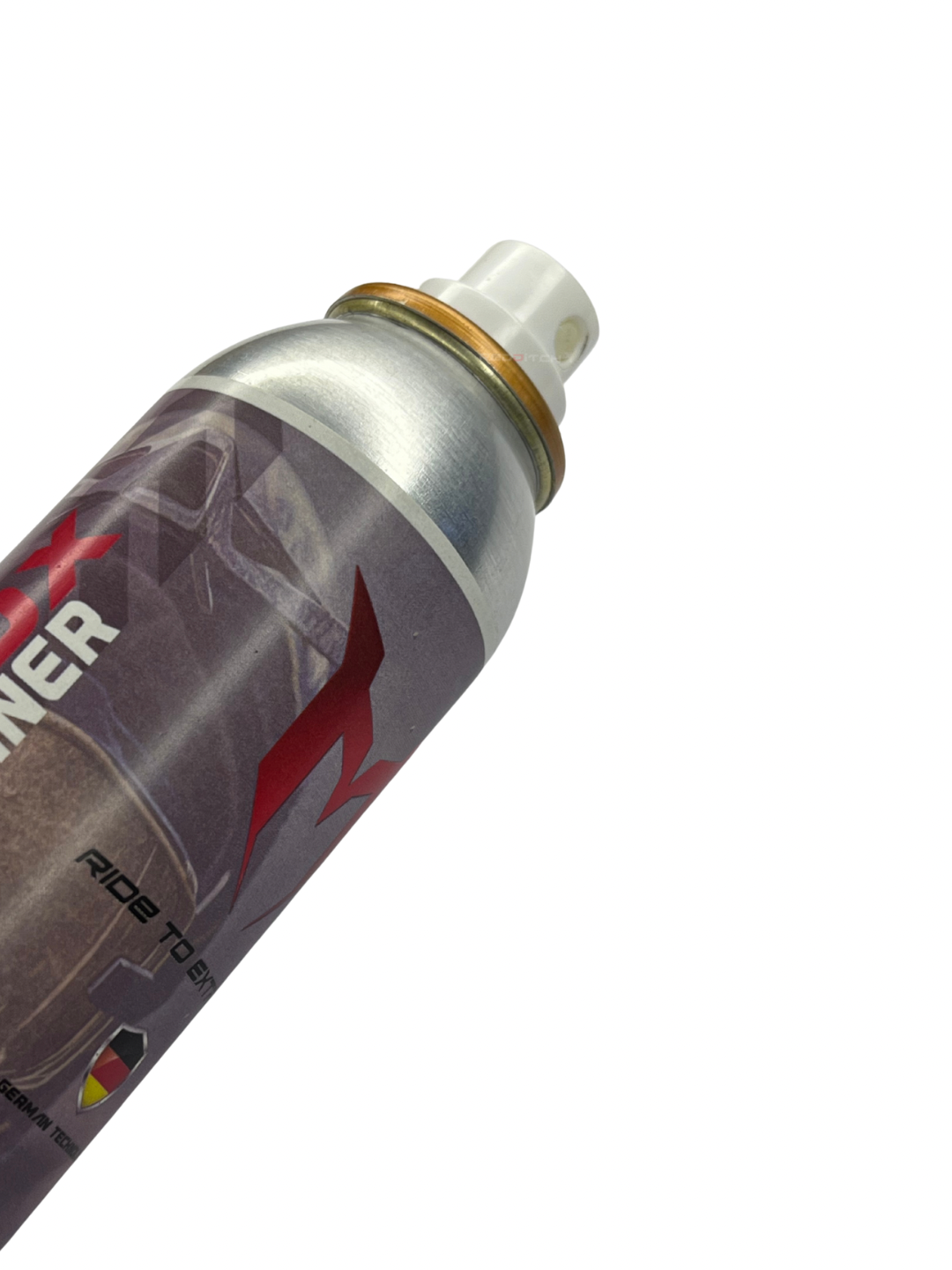 Silver and red sports bottle with visible branding on a white background