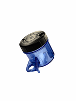 Blue and black cylindrical object on a white background