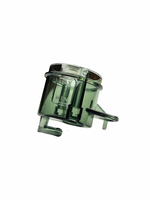 Clear plastic component with metal clip on a white background