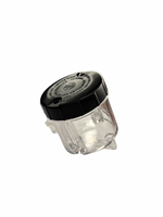 Clear container with black lid on a white background