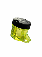 Yellow pencil sharpener with black top on a white background