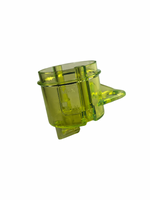 Clear green plastic component on a white background