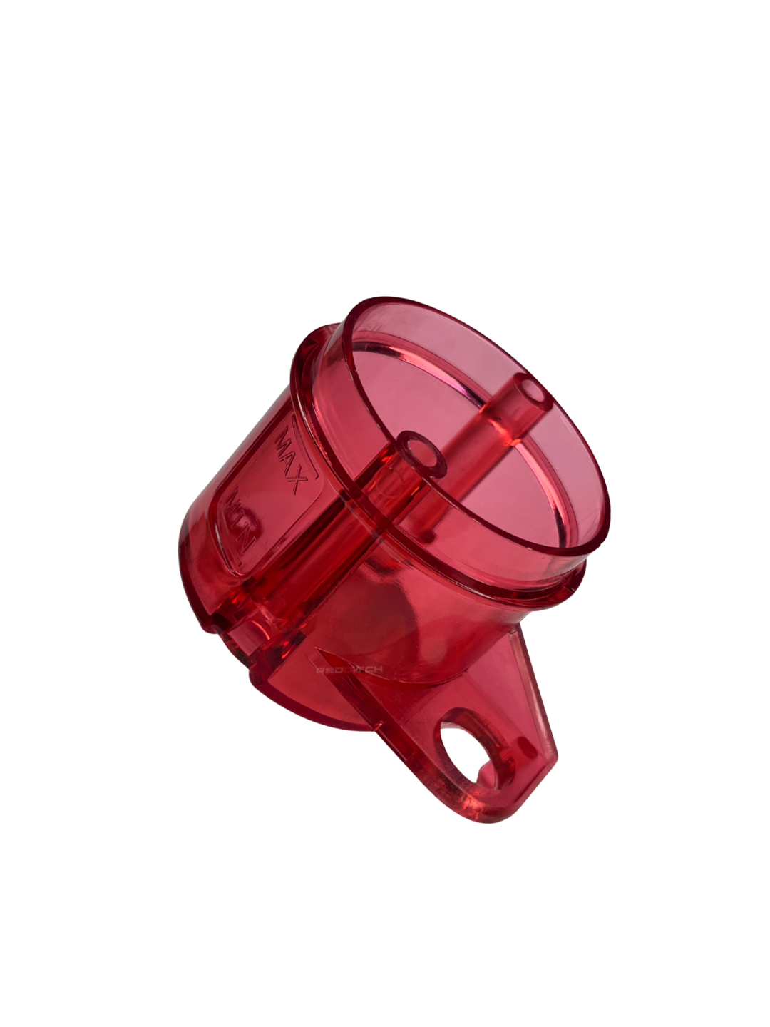 Red plastic component on a white background