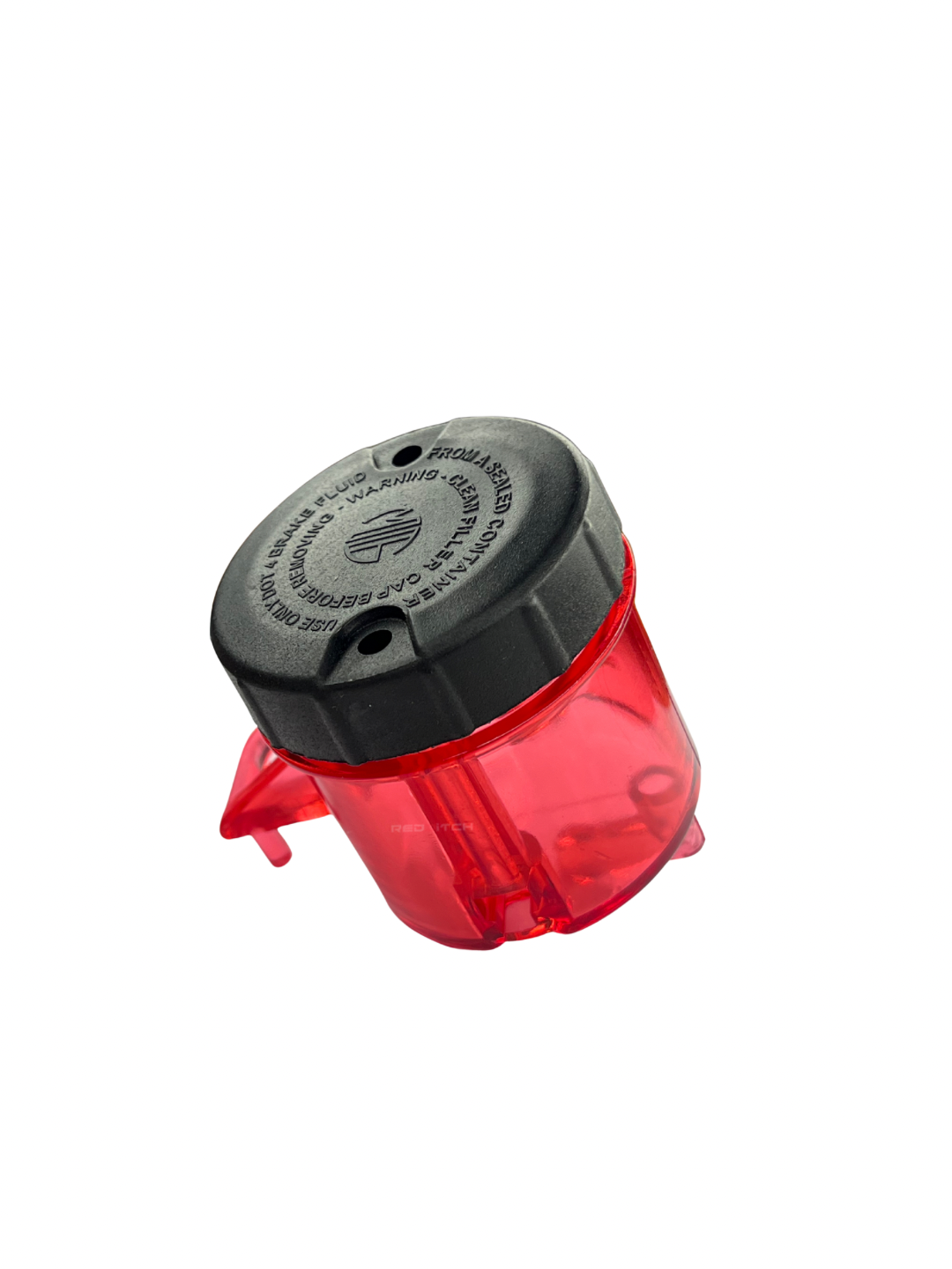 Red and black plastic component on a white background