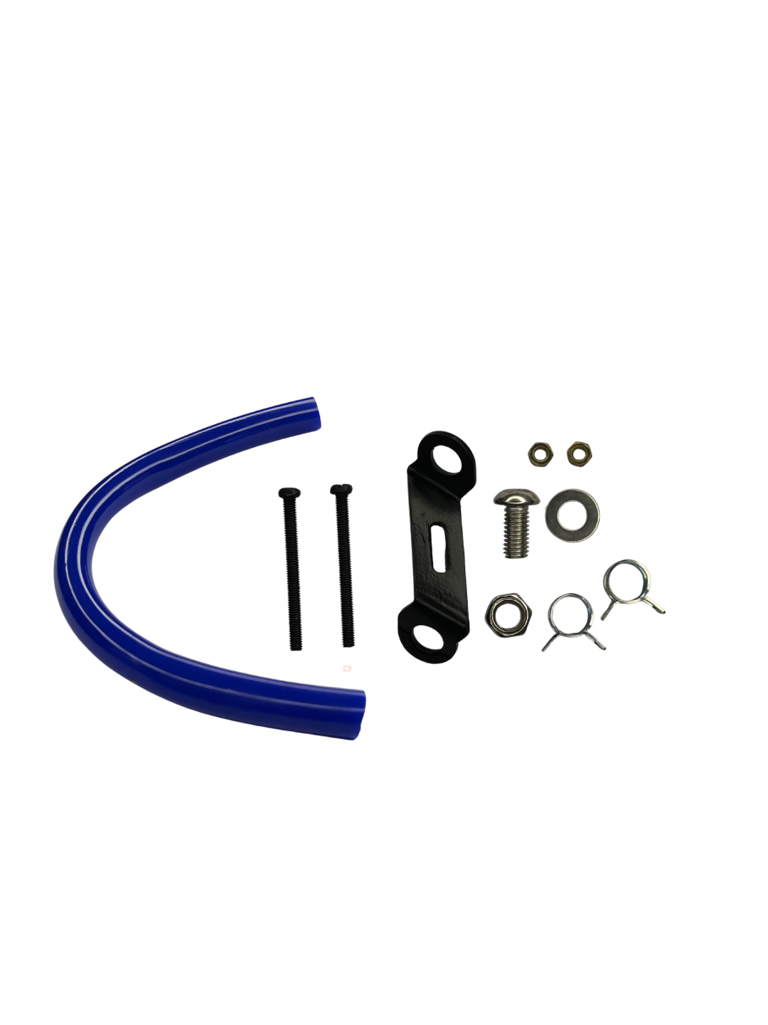 Mechanical parts including a blue hose, metal brackets, and screws on a white background