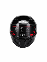 Black motorcycle helmet with red accents on a white background