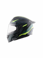 Black and green motorcycle helmet with clear visor on a white background