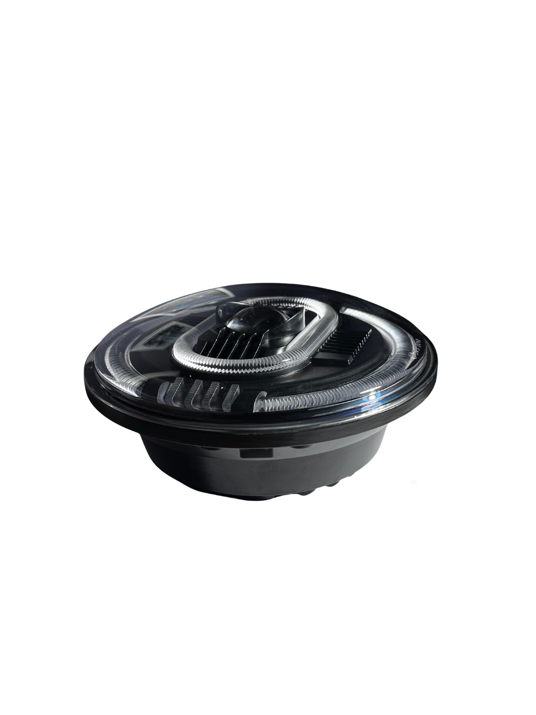 Black and silver automotive speaker on a white background
