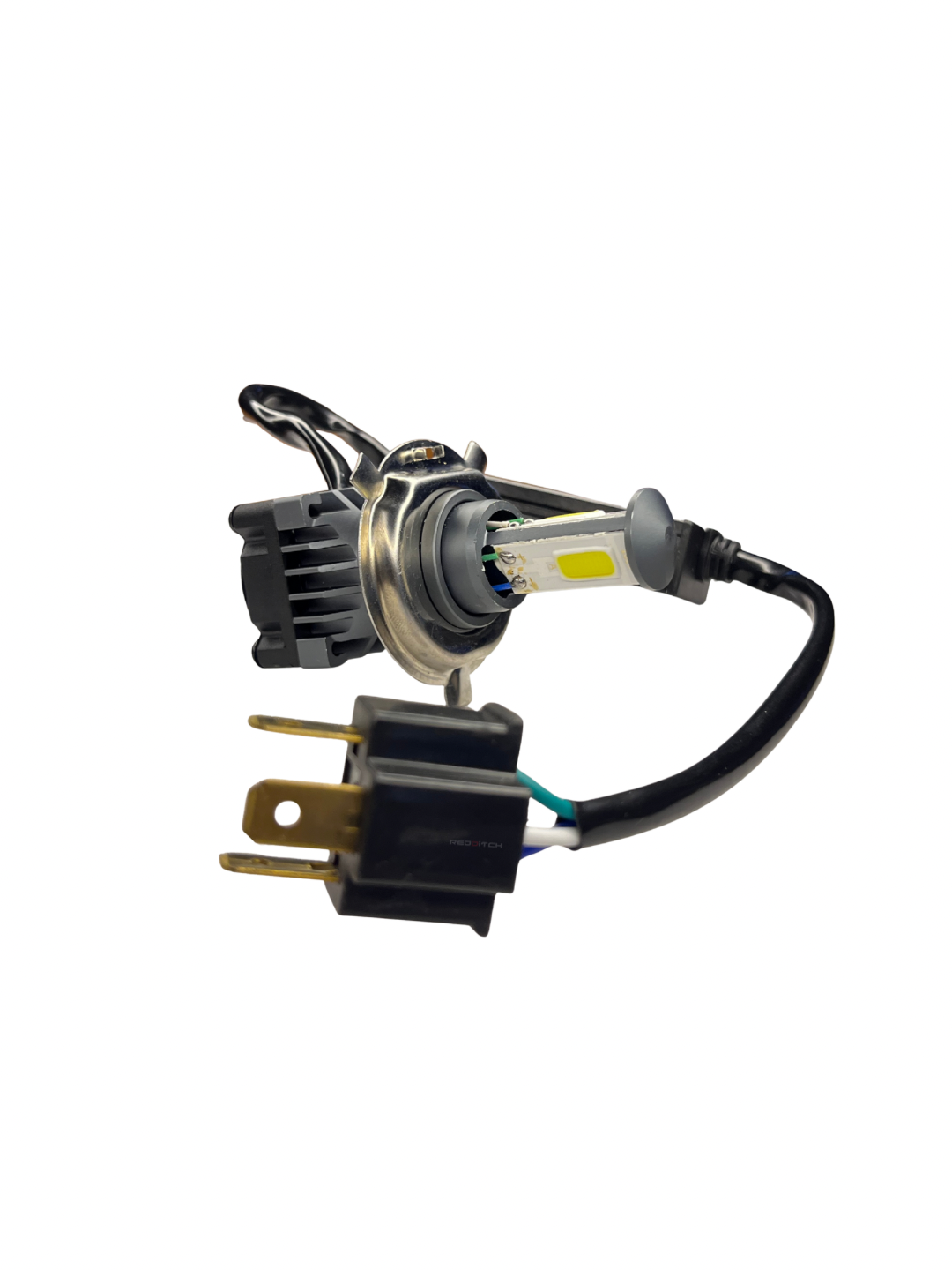 Car headlight bulb assembly with wiring on a white background