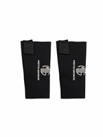 Pair of black wrist wraps with a logo on a white background