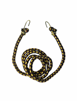 Coiled bungee cord with metal hooks on a white background