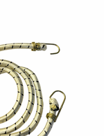 Coiled rope with metal hooks on a white background