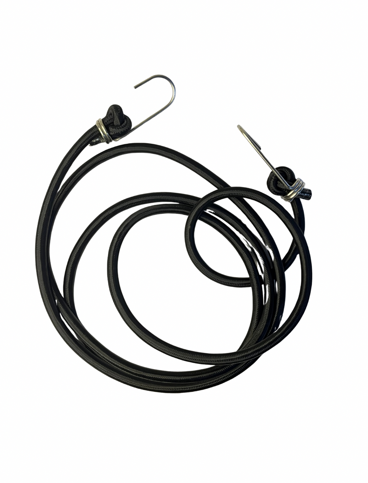 Black cable with metal hooks on a white background