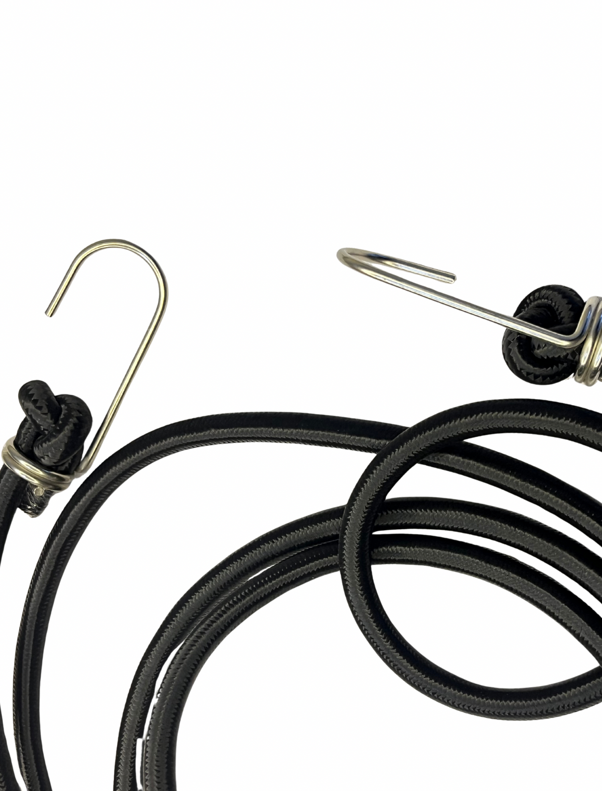 Coiled black bungee cord with metal hooks on a white background