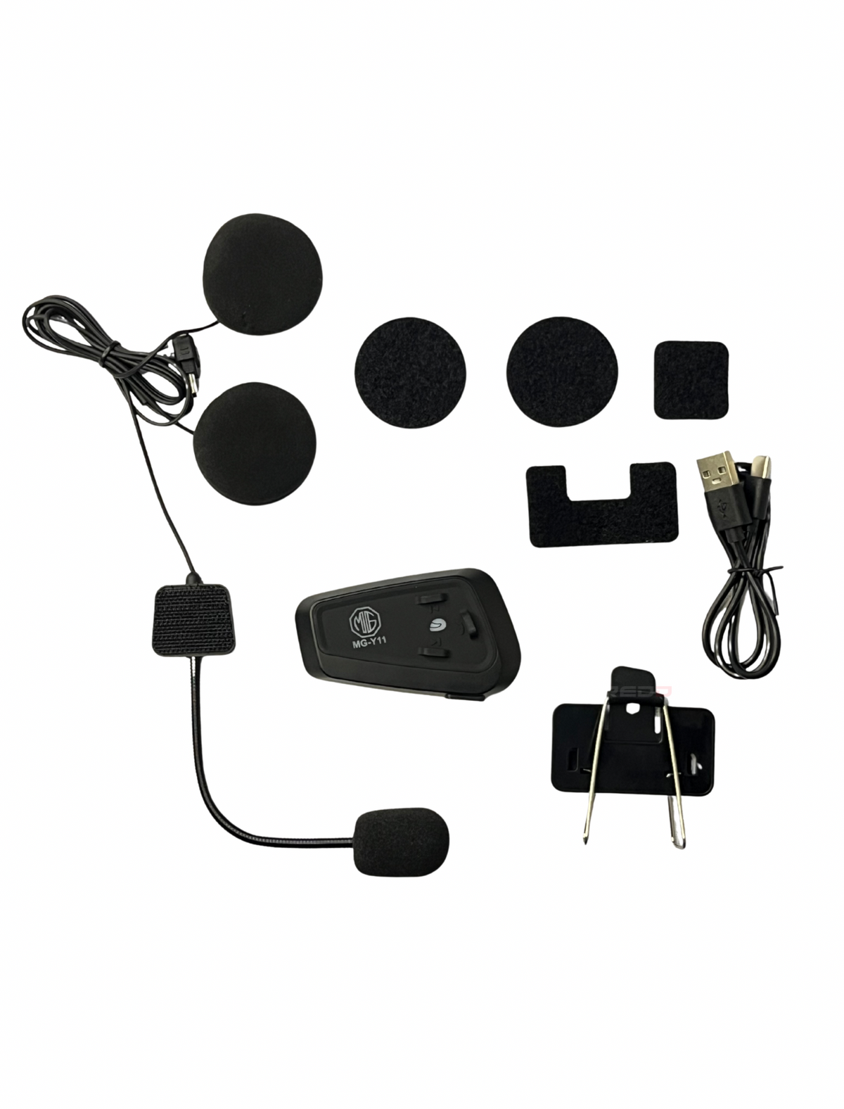 Motorcycle helmet communication system with various components on a white background