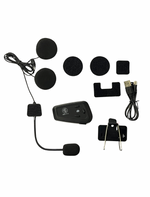 Motorcycle helmet communication system with various components on a white background