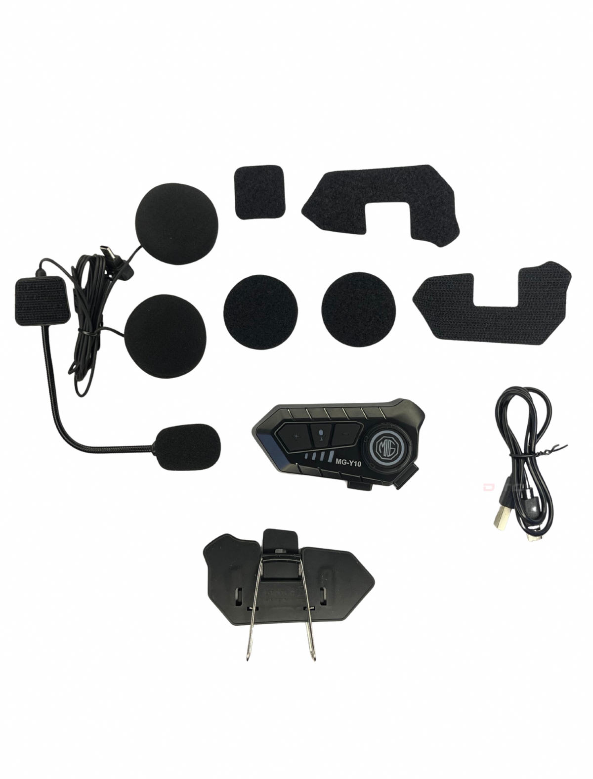 Motorcycle helmet intercom system with various components on a white background