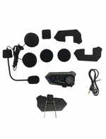 Motorcycle helmet intercom system with various components on a white background