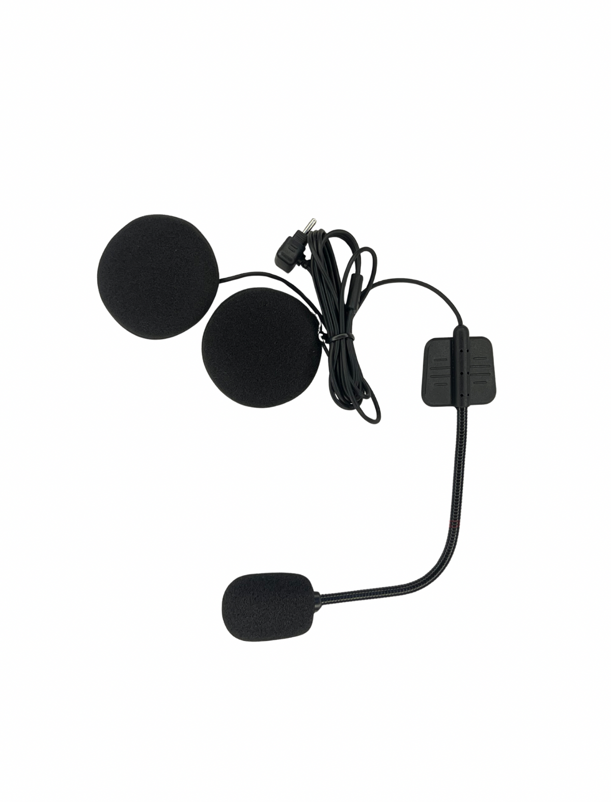 Black motorcycle helmet intercom system on a white background