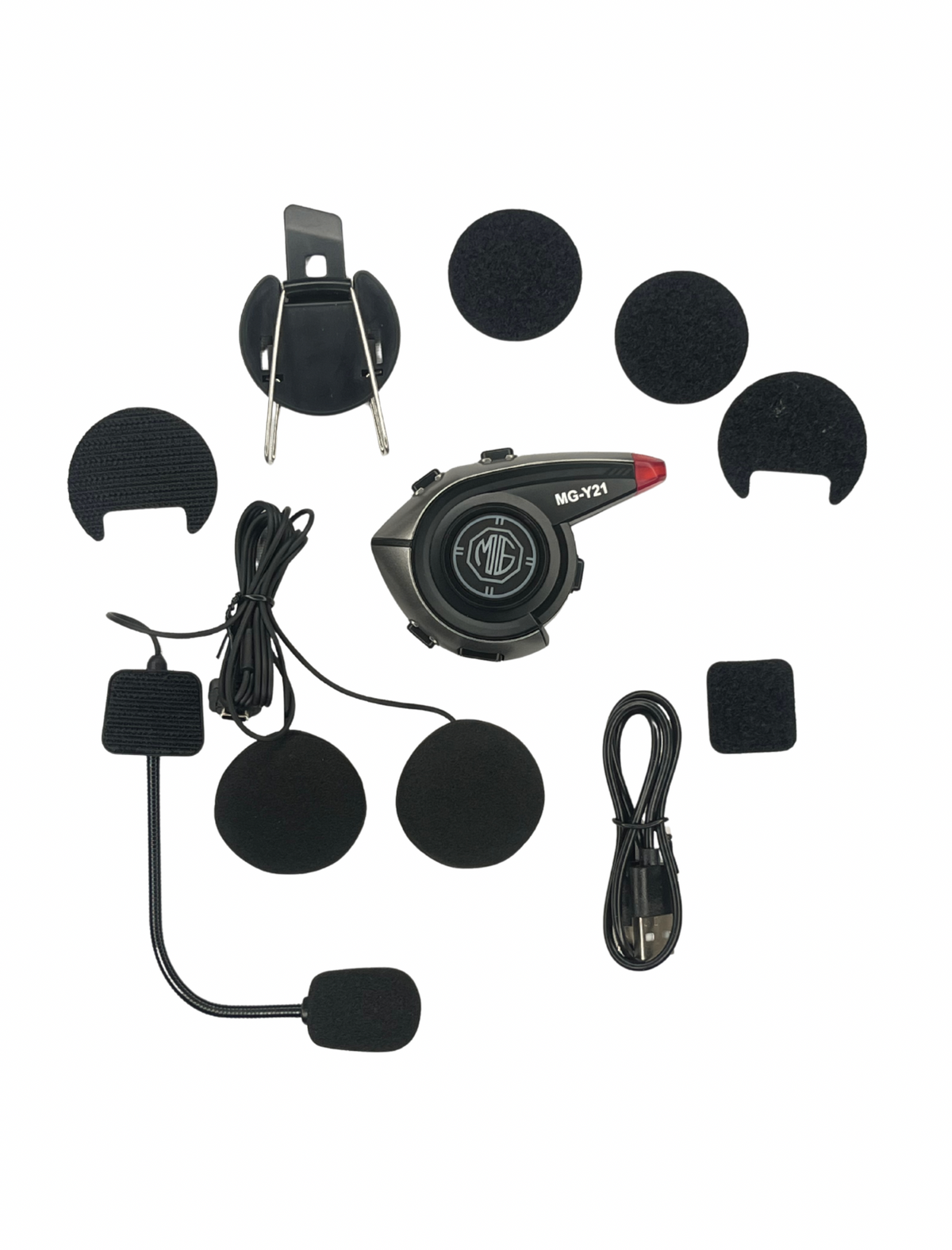 Motorcycle helmet intercom system with various components on a white background