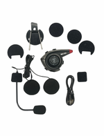 Motorcycle helmet intercom system with various components on a white background