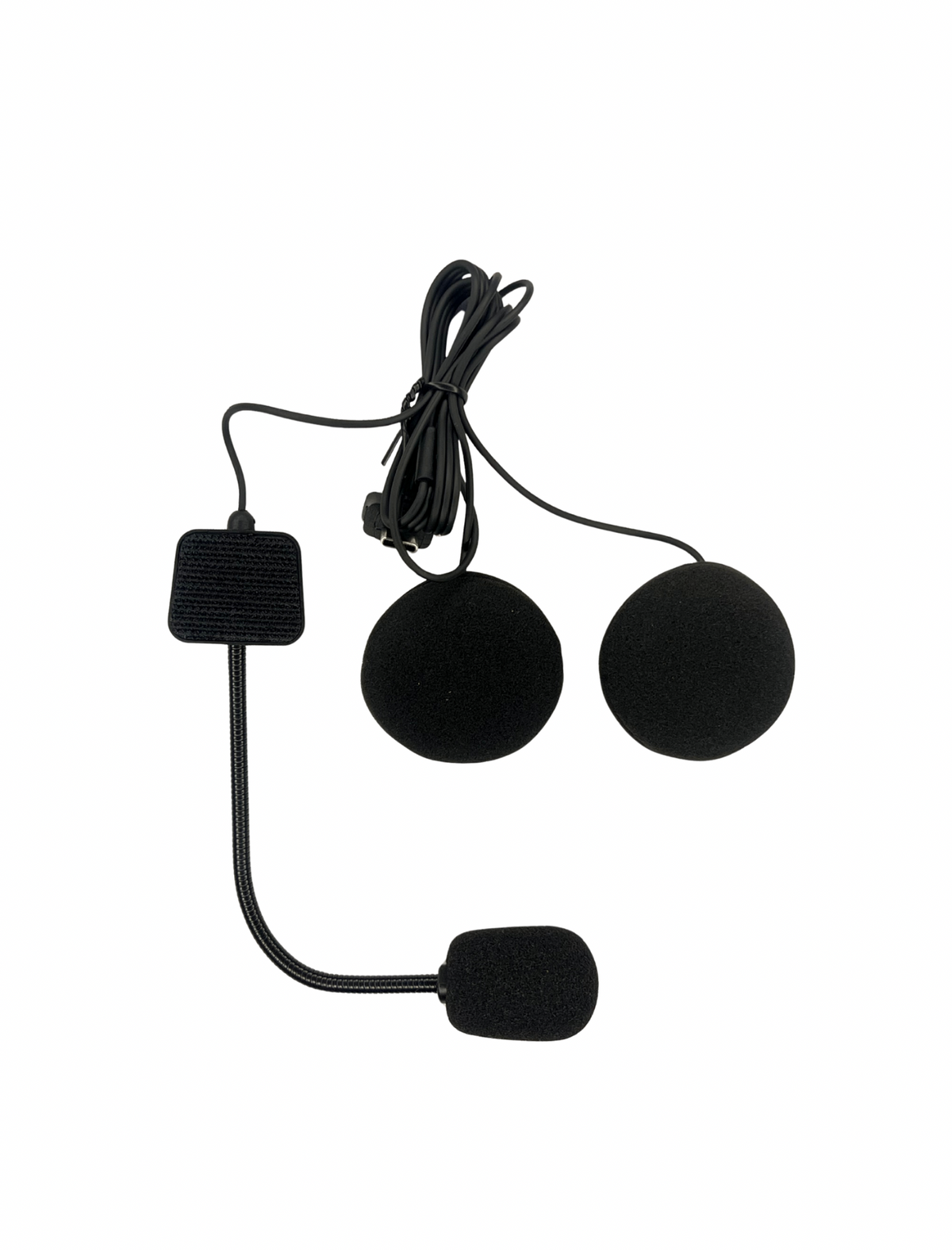 Black motorcycle helmet intercom system on a white background