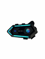 Motorcycle helmet intercom with blue accents on a white background